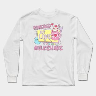 Couples Valentines Day Powered By Love Milkshake Retro 80s 90s Long Sleeve T-Shirt